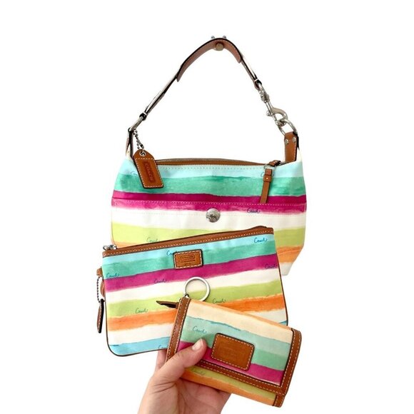 Coach Handbags - Vintage Coach Hampton Watercolor Stripe Shoulder Bag F11677 Wristlet Wallet Pouc